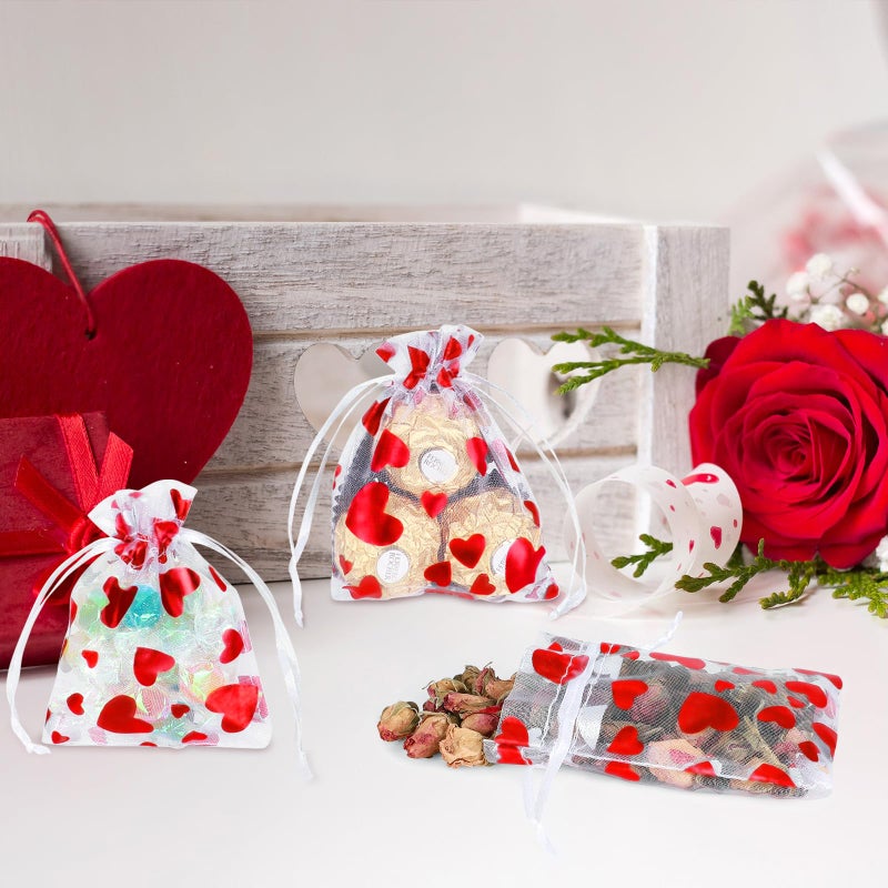 Tapleap Small Valentines Candy Bags for Kids Classroom, Heart Print Mesh Organza Drawstring Gift Bags for Packaging Goodie, For Wedding, Birthday, Bridal Showers, 50Pcs 3x4in(8x10cm) - Image 4