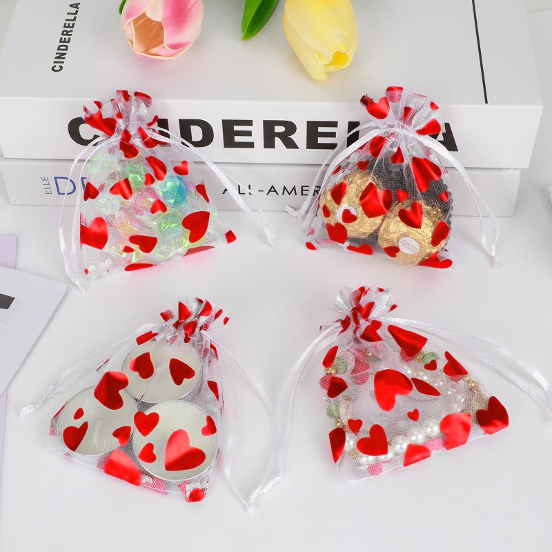 Tapleap Small Valentines Candy Bags for Kids Classroom, Heart Print Mesh Organza Drawstring Gift Bags for Packaging Goodie, For Wedding, Birthday, Bridal Showers, 50Pcs 3x4in(8x10cm) - Image 2