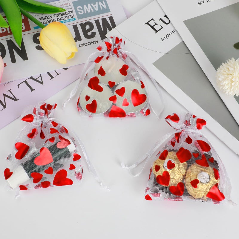 Tapleap Small Valentines Candy Bags for Kids Classroom, Heart Print Mesh Organza Drawstring Gift Bags for Packaging Goodie, For Wedding, Birthday, Bridal Showers, 50Pcs 3x4in(8x10cm) - Image 3