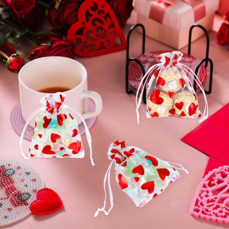 Tapleap Small Valentines Candy Bags for Kids Classroom, Heart Print Mesh Organza Drawstring Gift Bags for Packaging Goodie, For Wedding, Birthday, Bridal Showers, 50Pcs 3x4in(8x10cm) - Image 5