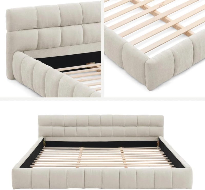Modern Upholstered Bed Frame with Tufted Headboard - Premium Linen Textured Fabric Platform Bed - Sturdy Wooden Slat Support, No Box Spring Required (Beige, Full) - Image 4