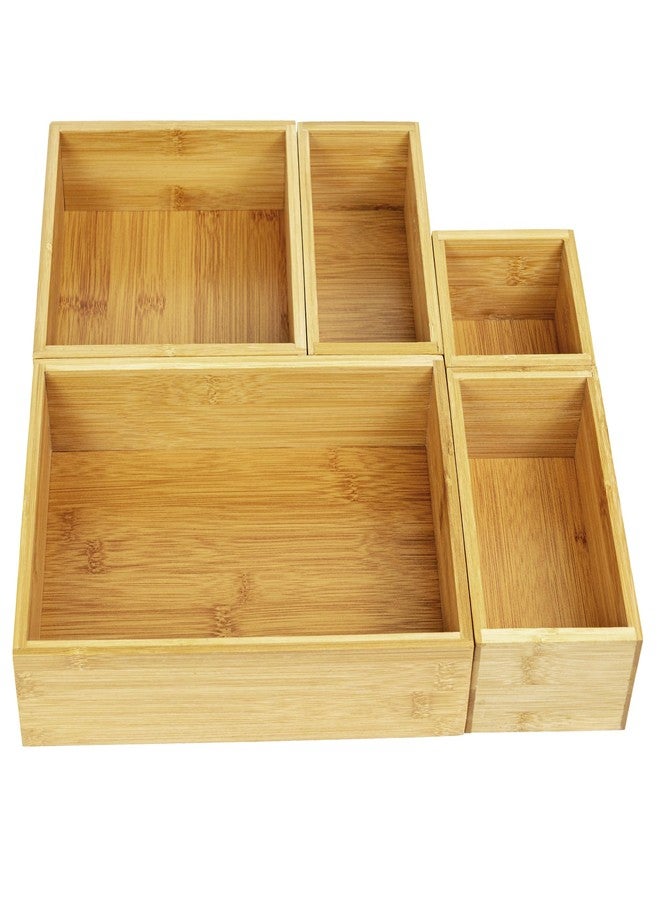 VaeFae 5 PCS Bamboo Drawer Organizers Set, 5-size Organizer Box, Storage Bins for Kitchen, Bathroom, Office, Bedroom and Living Room - Image 1