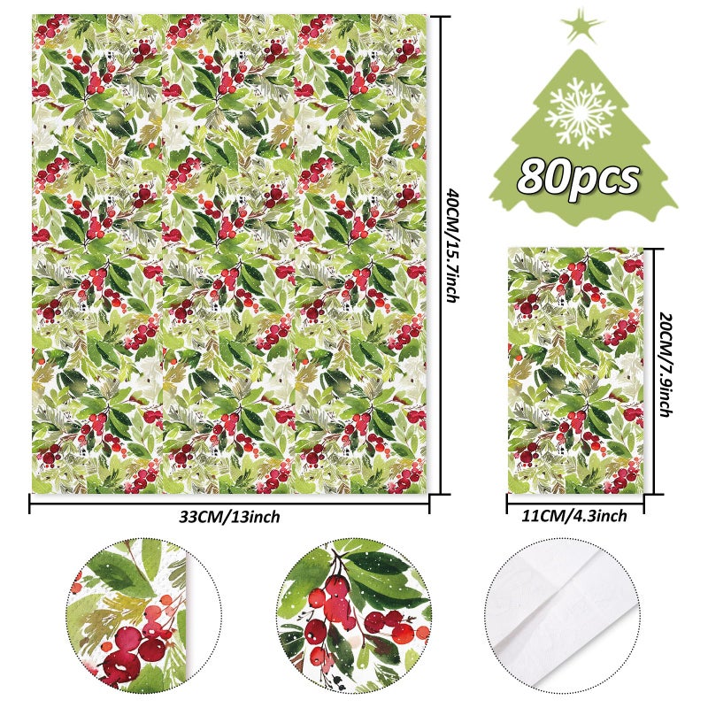 Generic AnyDesign Christmas Guest Napkins Watercolor Mistletoe 3 Ply Disposable Paper Napkins Xmas Winter Berry Dinner Hand Towel Napkins for Party Table Decor  80Pcs  4.3x7.8 inch(folded) - Image 2