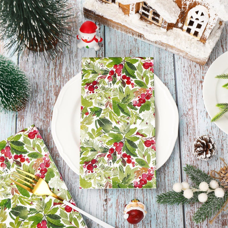 Generic AnyDesign Christmas Guest Napkins Watercolor Mistletoe 3 Ply Disposable Paper Napkins Xmas Winter Berry Dinner Hand Towel Napkins for Party Table Decor  80Pcs  4.3x7.8 inch(folded) - Image 3