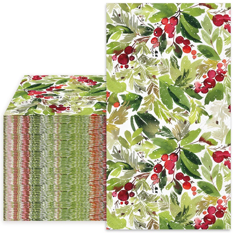 Generic AnyDesign Christmas Guest Napkins Watercolor Mistletoe 3 Ply Disposable Paper Napkins Xmas Winter Berry Dinner Hand Towel Napkins for Party Table Decor  80Pcs  4.3x7.8 inch(folded) - Image 1