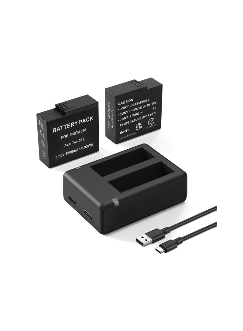 2-Pack 1800mAh Batteries for Insta360 Ace Pro with Dual Fast Charge Hub, Compatible with Insta360 Ace/Ace Pro Camera.  - Image 1