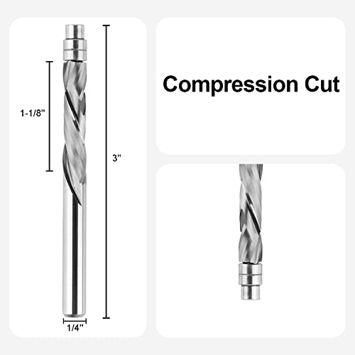 SpeTool Spiral Flush Trim Router Bit 1/4 Inch Shank 1-1/8 Inch Cutting Length Extra Long 3 Inch OVL, UP Down Compression Pattern Template Router Bit for Wood Trimming - Image 2