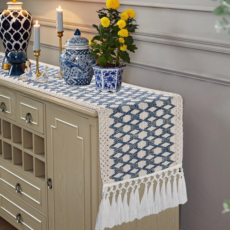 مفرش طاولة يوبو الأزرق والأبيض بطول 48 بوصة لمفرش طاولة القهوة بأسلوب المزرعة مفرش dresser غطاء dresser العلوي لطاولة السرير وطاولة النهاية زينة dresser الأزرق والأبيض الصيني