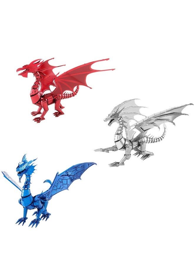 Fascinations Metal Earth ICONX 3D Metal Model Kits Dragon Set of 3 - Silver - Blue - Red - Image 1