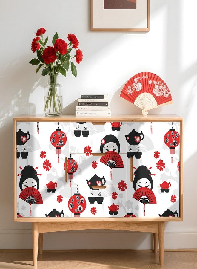 LaCheery Japanese Wallpaper Peel and Stick Red and Black Wallpaper Art Deco Fan Tea Time Lantern Eastern Lady Wall Paper Self Adhesive White Contact Paper for Walls Cabinets Bedroom Bathroom 17.5"x80" - Image 4