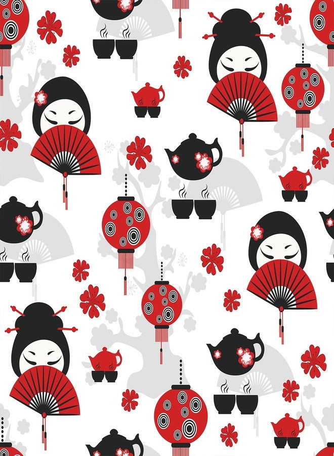 LaCheery Japanese Wallpaper Peel and Stick Red and Black Wallpaper Art Deco Fan Tea Time Lantern Eastern Lady Wall Paper Self Adhesive White Contact Paper for Walls Cabinets Bedroom Bathroom 17.5"x80" - Image 1