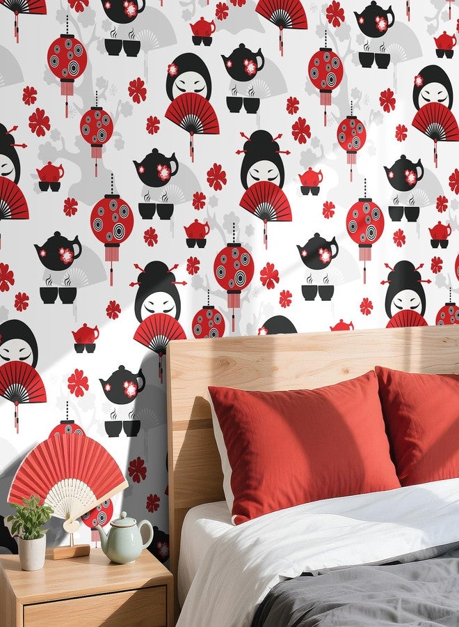 LaCheery Japanese Wallpaper Peel and Stick Red and Black Wallpaper Art Deco Fan Tea Time Lantern Eastern Lady Wall Paper Self Adhesive White Contact Paper for Walls Cabinets Bedroom Bathroom 17.5"x80" - Image 3