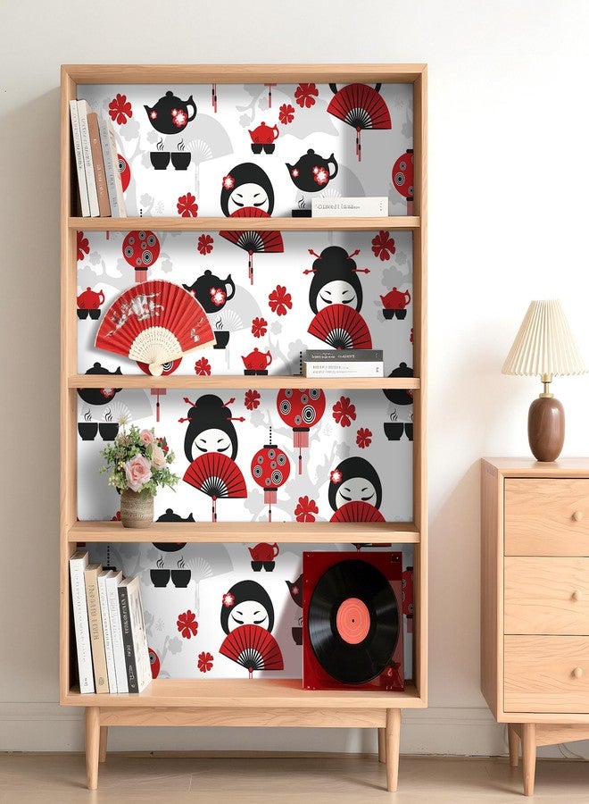 LaCheery Japanese Wallpaper Peel and Stick Red and Black Wallpaper Art Deco Fan Tea Time Lantern Eastern Lady Wall Paper Self Adhesive White Contact Paper for Walls Cabinets Bedroom Bathroom 17.5"x80" - Image 5