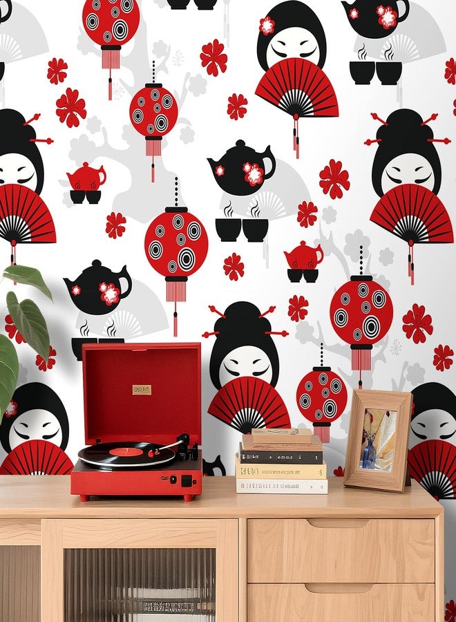LaCheery Japanese Wallpaper Peel and Stick Red and Black Wallpaper Art Deco Fan Tea Time Lantern Eastern Lady Wall Paper Self Adhesive White Contact Paper for Walls Cabinets Bedroom Bathroom 17.5"x80" - Image 2