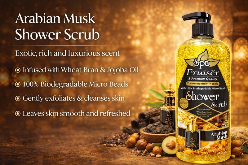 Fruiser Shower Scrub Exfoliating Body Scrub for Smooth & Glowing Skin – Deep Cleansing Moisturizing Shower Exfoliator for All Skin Types, 730ml (Arabian Musk) - Image 4