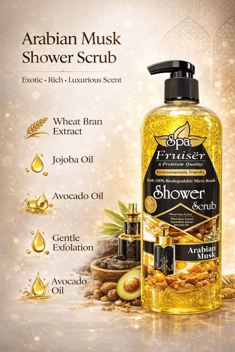 Fruiser Shower Scrub Exfoliating Body Scrub for Smooth & Glowing Skin – Deep Cleansing Moisturizing Shower Exfoliator for All Skin Types, 730ml (Arabian Musk) - Image 2