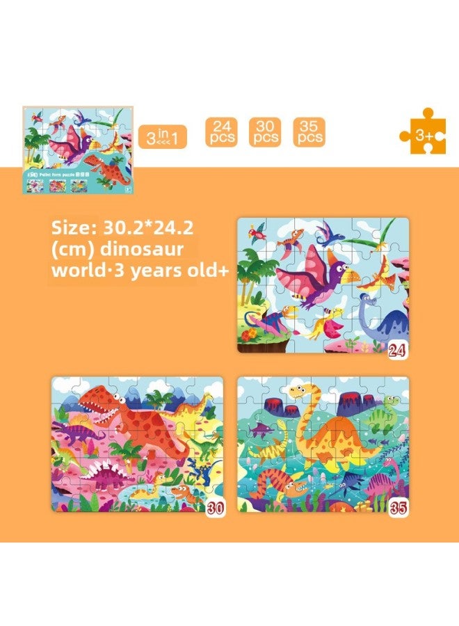Children's Educational Animal Dinosaur Three-dimensional Puzzle Wooden Puzzle Baby Intelligence Development Russian Square Toys-Color:Three-in-one Dinosaur - Image 1