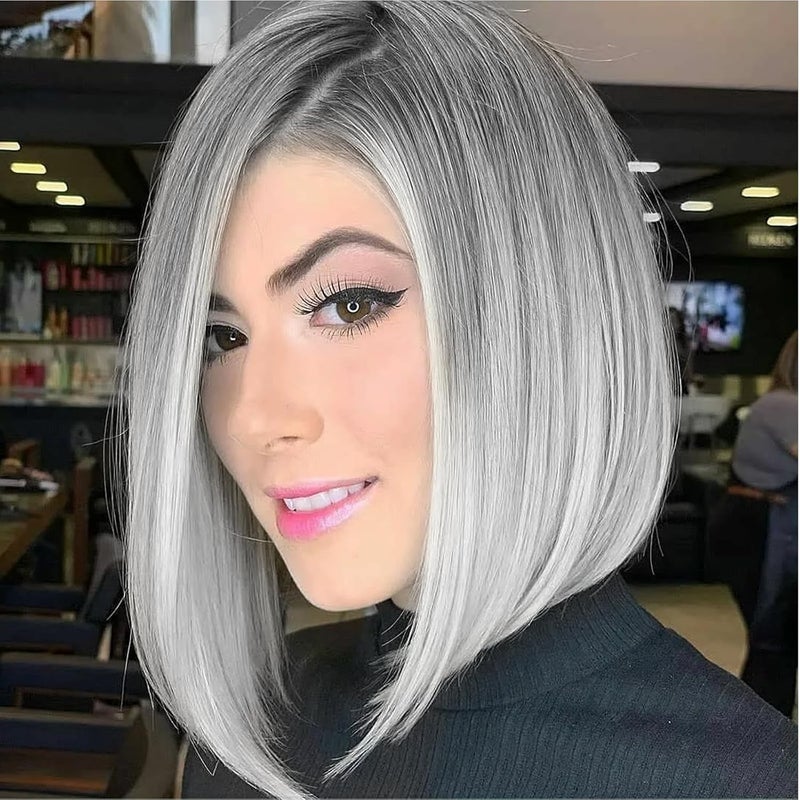 CINHOO Short Bob Hair Wig for Women Angled Bob with Dark Roots 1012inch Gray Bob Wigs for Women Olivia Lace Front Wig Synthetic Shoulder Length Wigs for Women Sharp Inverted Bob Wig