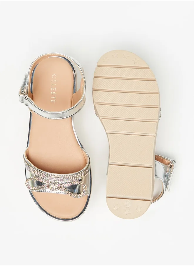 Celeste Girls' Bow Embellished Sandals with Hook and Loop Closure