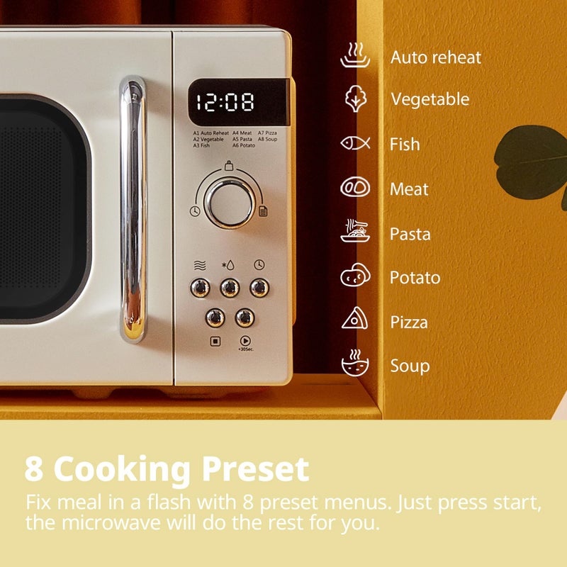 COMFEE' Retro Style 800w 20L Microwave Oven with 8 Auto Menus, 5 Cooking Power Levels, and Express Cook Button - Apricot Cream - CM-M202RAF(CM) - Image 4