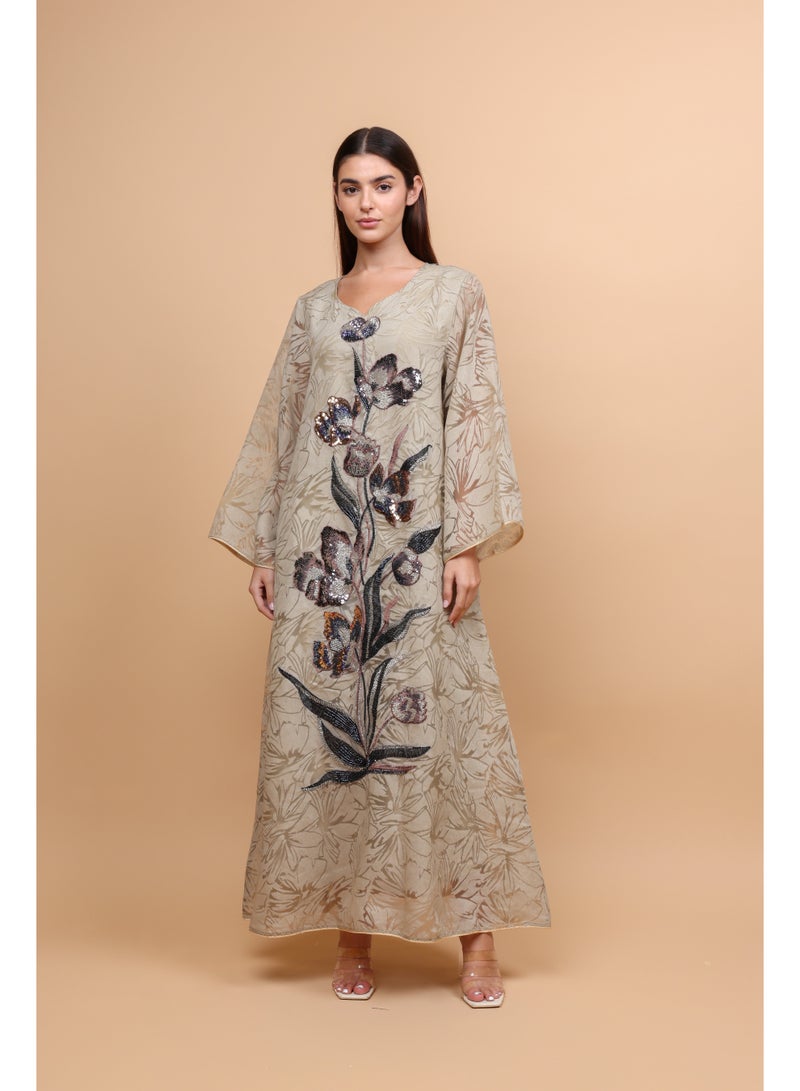 اكسا جلابية أنيقة بتطريز زهري وترتر لون بيج - Image 1