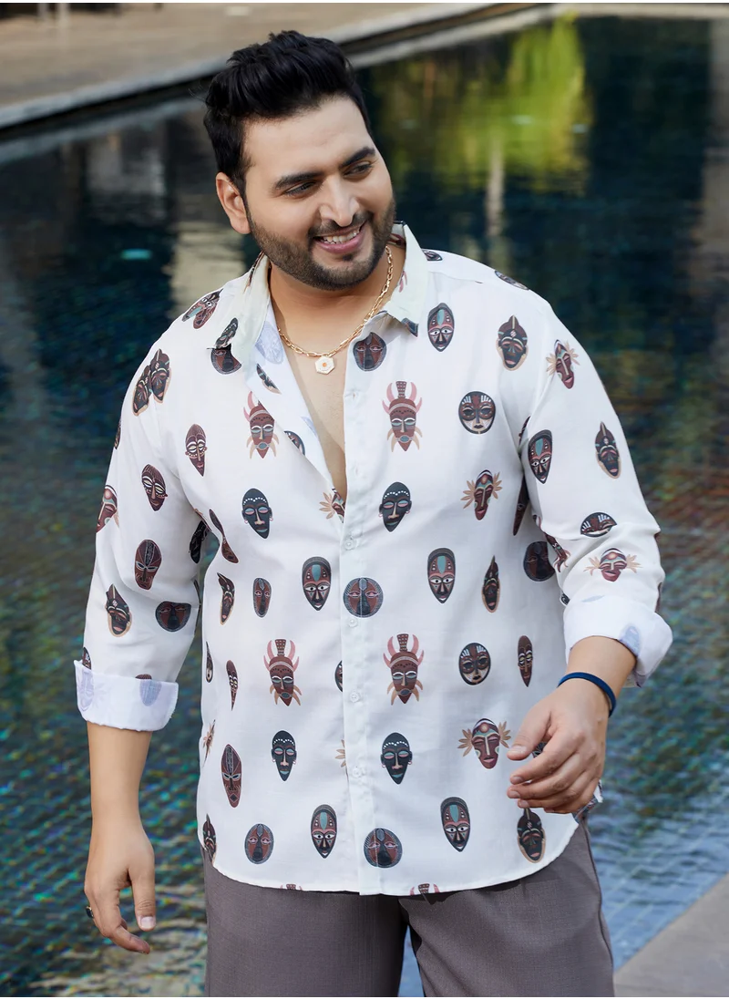 انستافاب بلس Instafab Plus Men's Daisy White Masked-Maya Shirt For Casual Wear | Spread Collar | Long Cuffed Sleeves | Button Closure | Plus Size Shirt Crafted With Comfort Fit For Everyday Wear