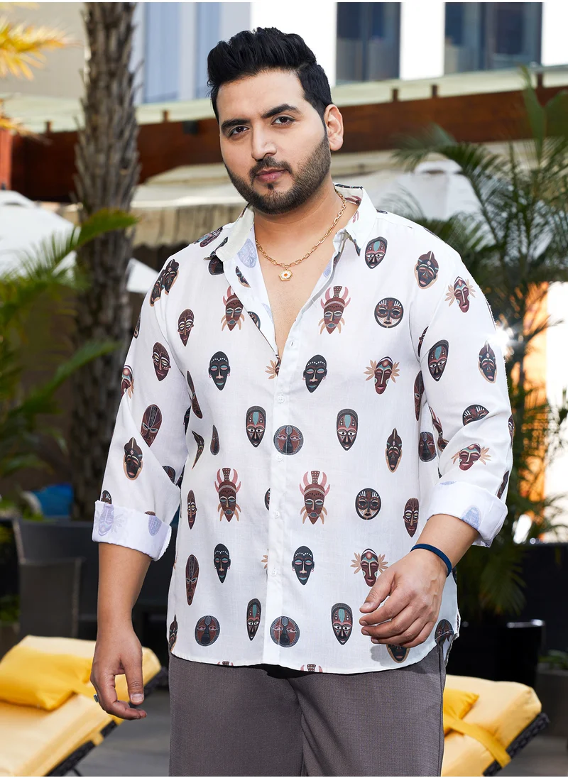 انستافاب بلس Instafab Plus Men's Daisy White Masked-Maya Shirt For Casual Wear | Spread Collar | Long Cuffed Sleeves | Button Closure | Plus Size Shirt Crafted With Comfort Fit For Everyday Wear