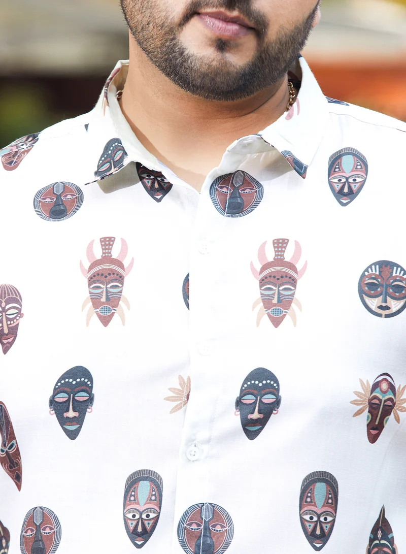 Instafab Plus Instafab Plus Men's Daisy White Masked-Maya Shirt For Casual Wear | Spread Collar | Long Cuffed Sleeves | Button Closure | Plus Size Shirt Crafted With Comfort Fit For Everyday Wear