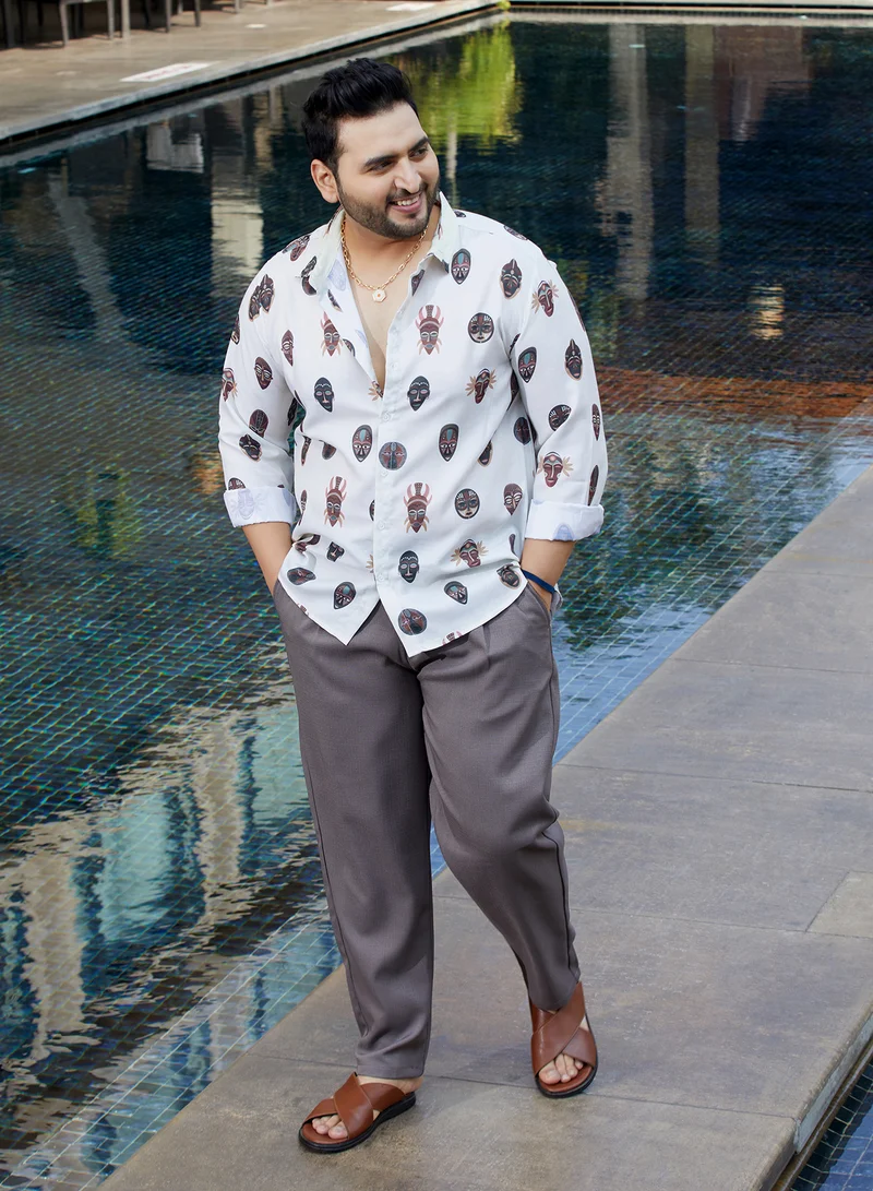 Instafab Plus Instafab Plus Men's Daisy White Masked-Maya Shirt For Casual Wear | Spread Collar | Long Cuffed Sleeves | Button Closure | Plus Size Shirt Crafted With Comfort Fit For Everyday Wear