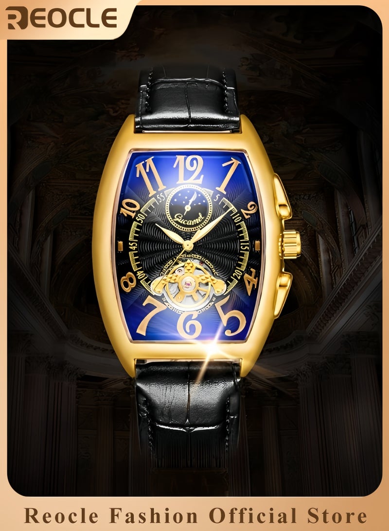 REOCLE Men's Automatic Mechanical Watch Tourbillon Moon Phase Wrist Watch with Barrel-shaped Arabic Numeral Dial & Leather Strap Retro Luxury Dress Watch  - Image 1
