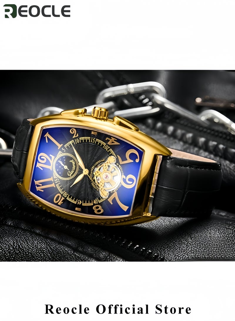 REOCLE Men's Automatic Mechanical Watch Tourbillon Moon Phase Wrist Watch with Barrel-shaped Arabic Numeral Dial & Leather Strap Retro Luxury Dress Watch  - Image 4