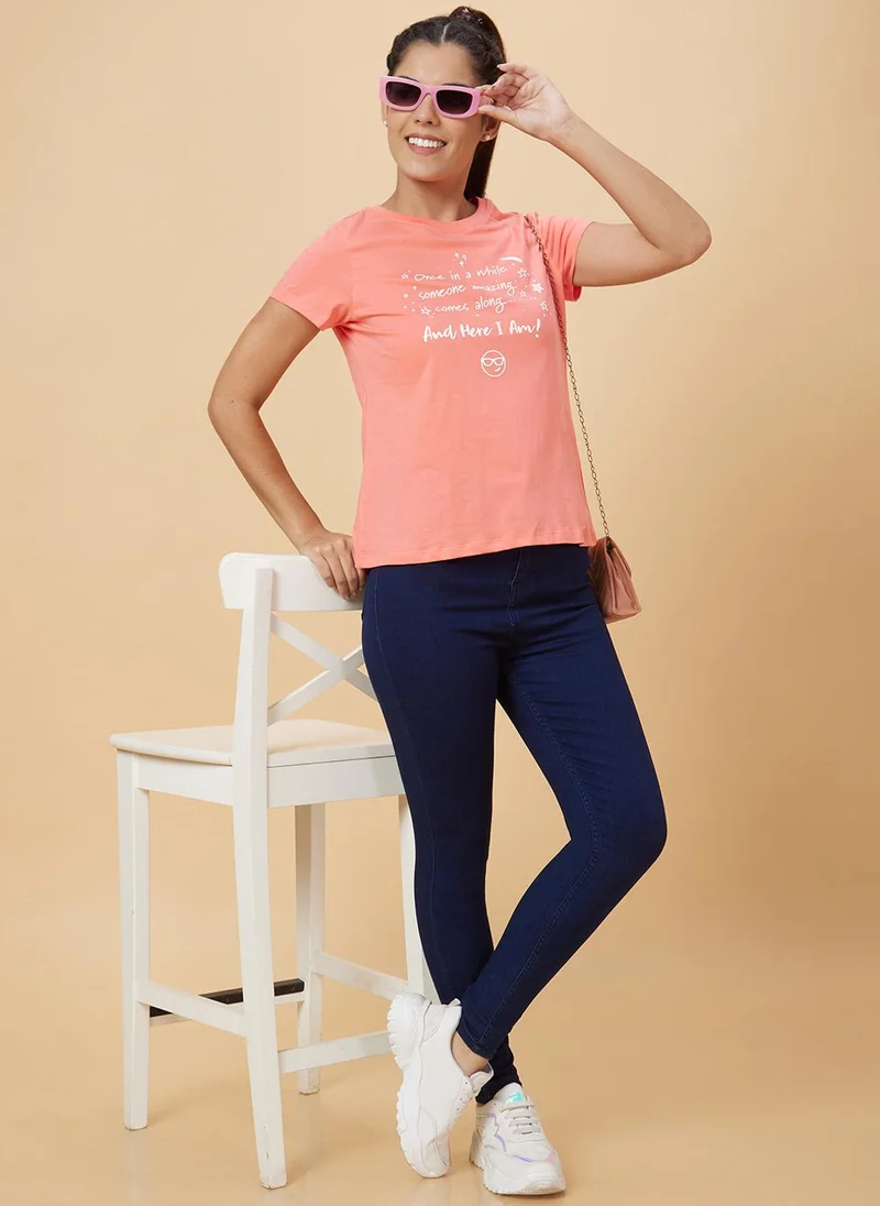 globus Globus Women Pink Typography Round Neck Pure Cotton T-Shirt