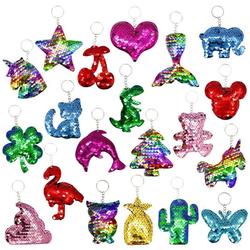 TTSAM 20 Pieces Reversible Mermaid Sequin Keychain Glitter Flip Sequin Keychains Animal Shape Sequin Key Chains Valentines Day Gift Party Events Gift Birthday Party Supplies 20 Styles