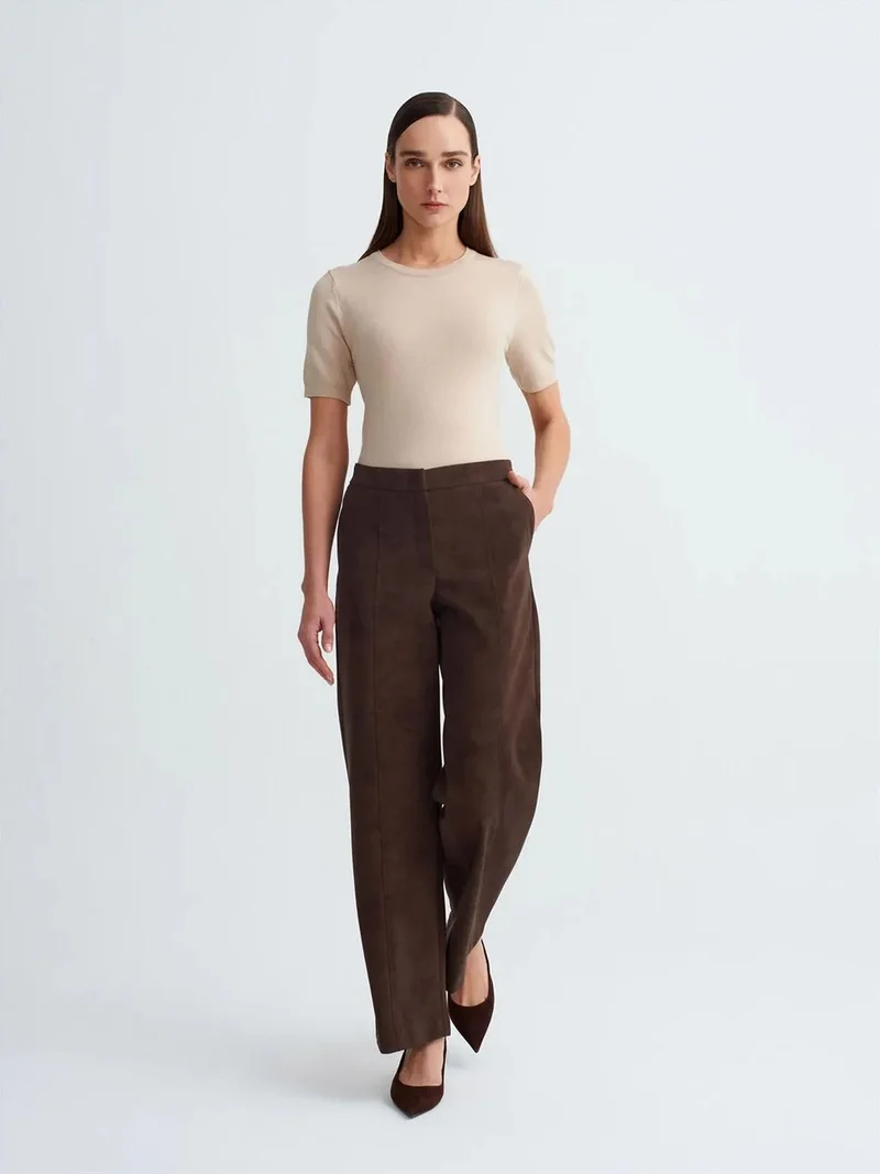 ديلفين Dilvin High-Waist Wide-Leg Faux Suede Trousers