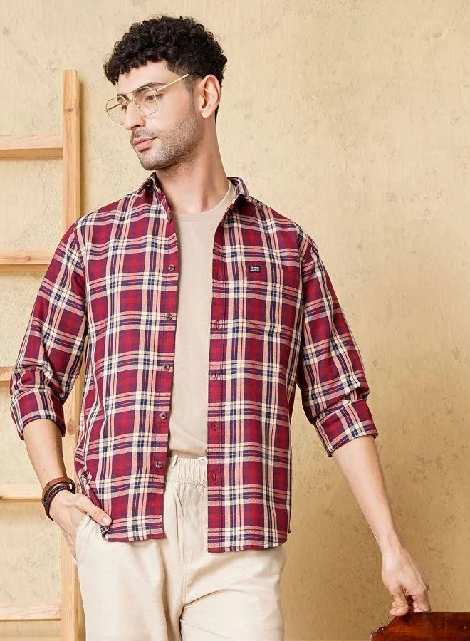 The Indian Garage Co Men Slim Fit Checkered Full Sleeves Spread Collar Casual Shirt