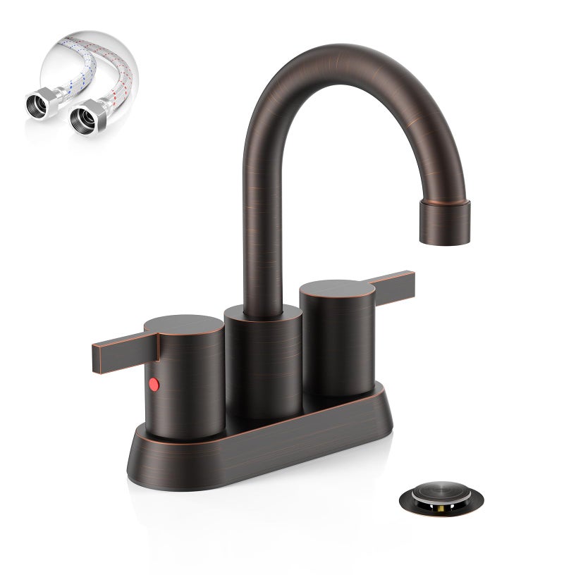 Phiestina 2 or 3 Holes Oil Rubbed Bronze 4 Inch 2 Handle Centerset LeadFree Bathroom Sink Faucet 360 Degree Swivel Spout with Copper Pop Up Drain and 2 Water Supply Lines BF0151ORB