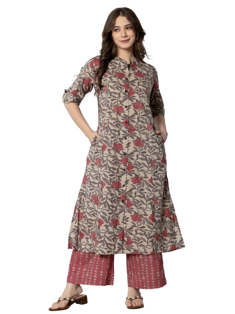rytras Women's Cotton Printed A-Line Kurta with Palazzo Pant Set(Maroon,RYT583,XL) - Image 1