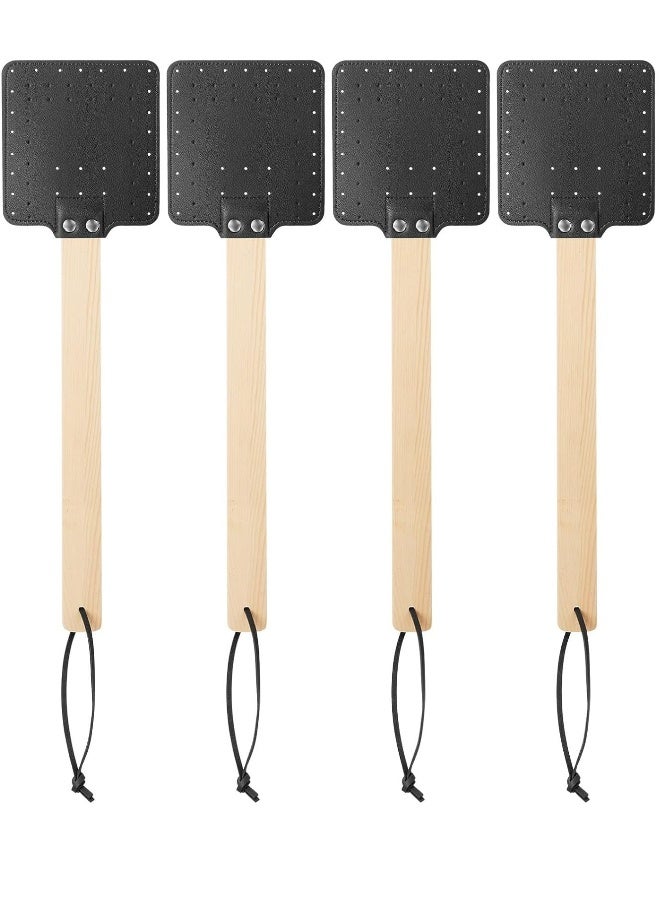 Generic 4 Pieces 17.3 Inch Heavy Duty Fly Swatter Leather Fly Swatter Long Fly Swatter Manual Fly Swatter Wood Handle Rustic Bug Swatter for Flies Bees Mosquitoes Outdoor Indoor Garden Supplies (Black) - Image 1