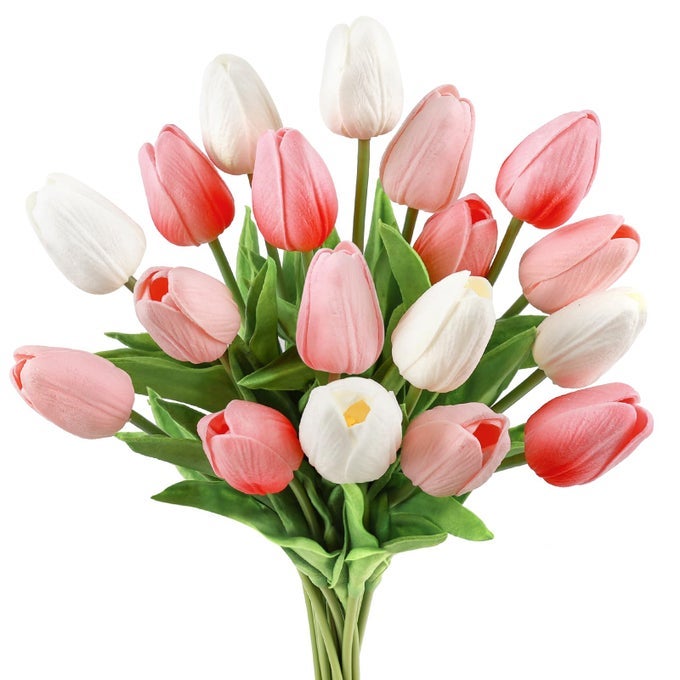 18pcs Tulips Artificial Flowers Faux Tulip Real Touch Tulip Fake Flowers Bouquets Arrangements for Mothers Day Spring Easter Wedding Home Table Decor Colorful