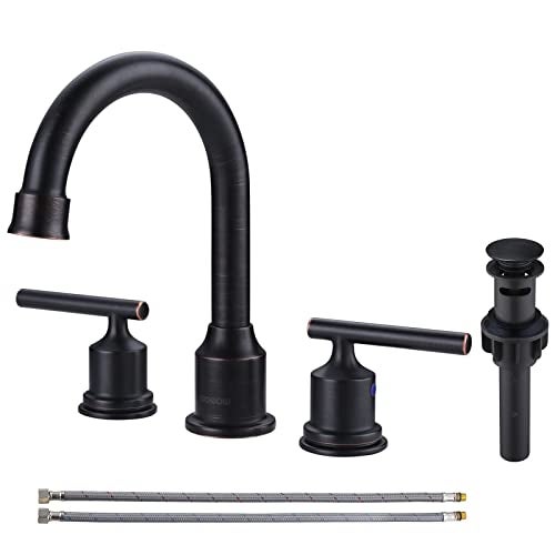 WOWOW 2 Handle Bathroom Faucet Oil Rubbed Bronze Bathroom Sink Faucet Widespread Vanity Faucet 3 Hole with Pop Up Drain and Supply Hoses High Arc Basin Faucet - Image 1