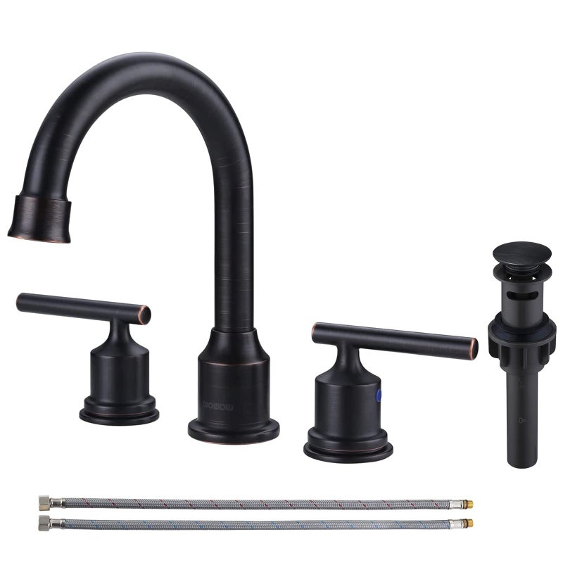 WOWOW 2 Handle Bathroom Faucet Oil Rubbed Bronze Bathroom Sink Faucet Widespread Vanity Faucet 3 Hole with Pop Up Drain and Supply Hoses High Arc Basin Faucet - Image 2