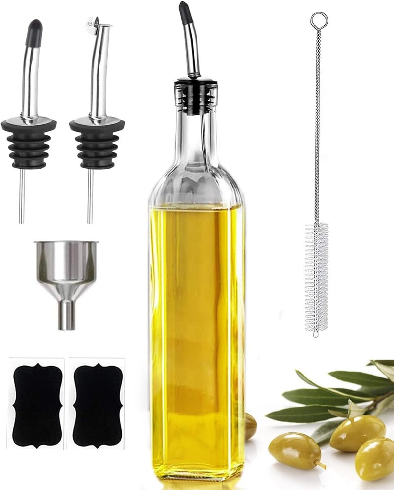 Leaflai 17oz Olive Oil Dispenser Bottle, 500ml Oil & Vinegar Cruet with 2 Stainless Steel Pourers, 2 Labels,1 Brush and 1 Funnel for Kitchen - Image 1
