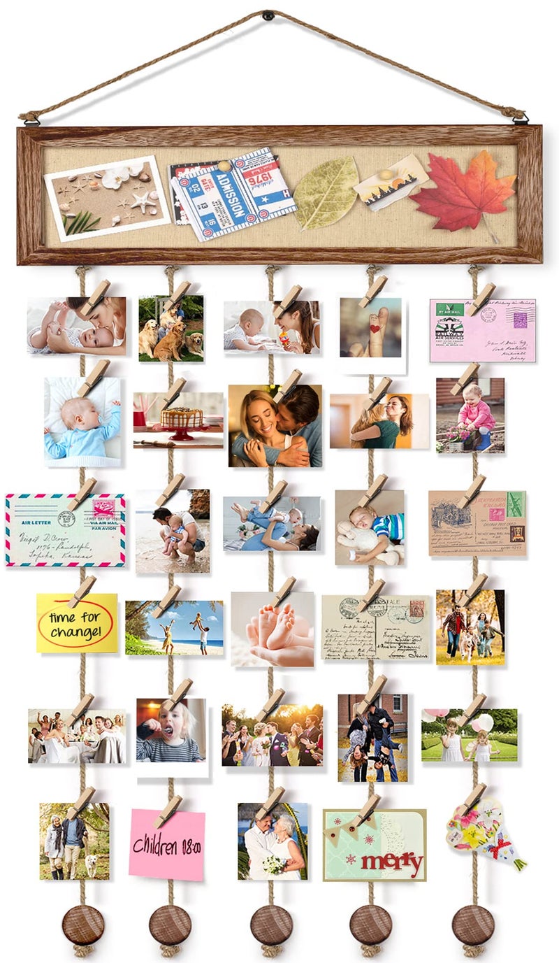 Bikoney Picture Frames Collage Wall Decor Hanging Photo Display Multi Pictures Organizer with Wood Bulletin Board Photo Board 30 Clips and 6 Pushpins for Room Carbonized Black