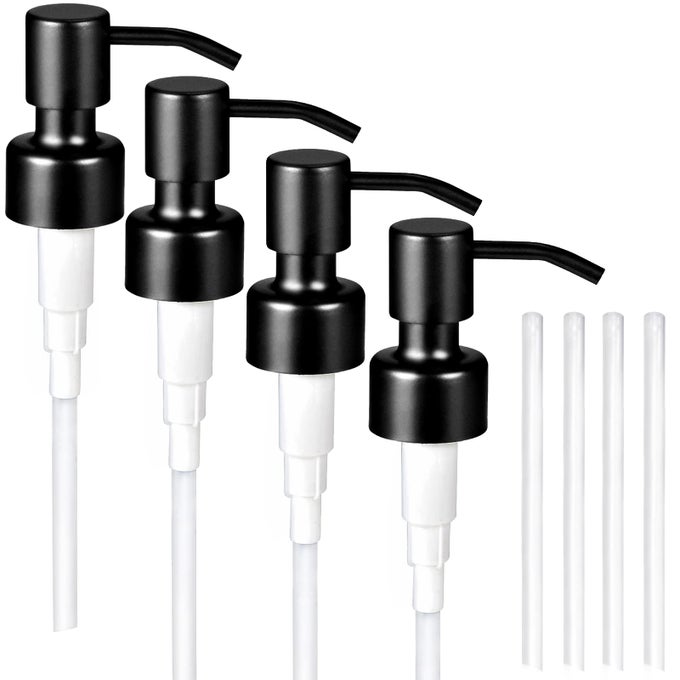 4PC SOAP DISPENSER LIDS 304 STAINLESS STEEL REPLACEMENT PUMP WITH WATERPROOF LABEL STICKERS 8 PACK TUBES FIT 28400 THREAD NECK BOTTLESFOR DISH SOAP LOTIONS CONDITIONERSHAMPOO BLACK