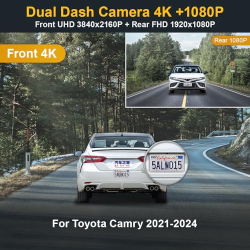 FITCAMX كاميرا داش فيت كام إكس الأمامية 4K + الخلفية 1080P لسيارة تويوتا كامري LE L XLE TRD XSE SE هايبرد (الجيل 8/XV70) 2021-2024، تصميم OEM، واي فاي مدمج وتطبيق، تسجيل مزدوج، حساس جاذبية، سهل الإعداد، بطاقة 128GB - Image 2