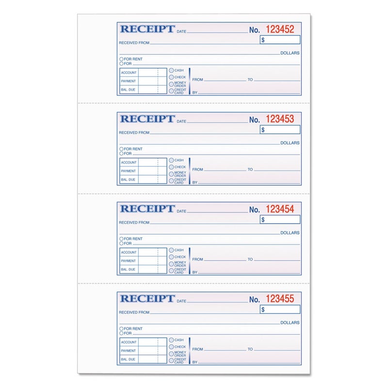 TOPS Money Receipt Book 2Part Carbonless 234 x 718 Inches 4 Receipts per Page 400 Sets per Book 46816