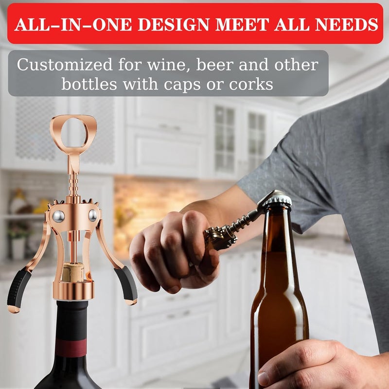 KORCCI Wine Opener, Heavy-Duty Zinc Alloy Wing Corkscrew, Premium Beer Bottle Opener, Multifunctional Wine Accessories with Ergonomic Handle and Sharp Screw, for Kitchen, Bar, Restaurant (Rose Gold) - Image 3