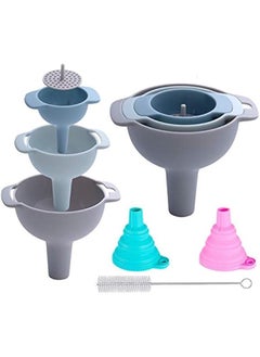 Kitchen Funnel Set - 3 Pack Nested Funnels with Handle Food Grade Plastic Funnels with Removable Filter and 2 Folding Silicone Funnels and 1 Funnel Brush Used to Transfer Liquid and Powder