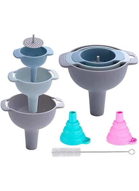 Kitchen Funnel Set - 3 Pack Nested Funnels with Handle Food Grade Plastic Funnels with Removable Filter and 2 Folding Silicone Funnels and 1 Funnel Brush Used to Transfer Liquid and Powder