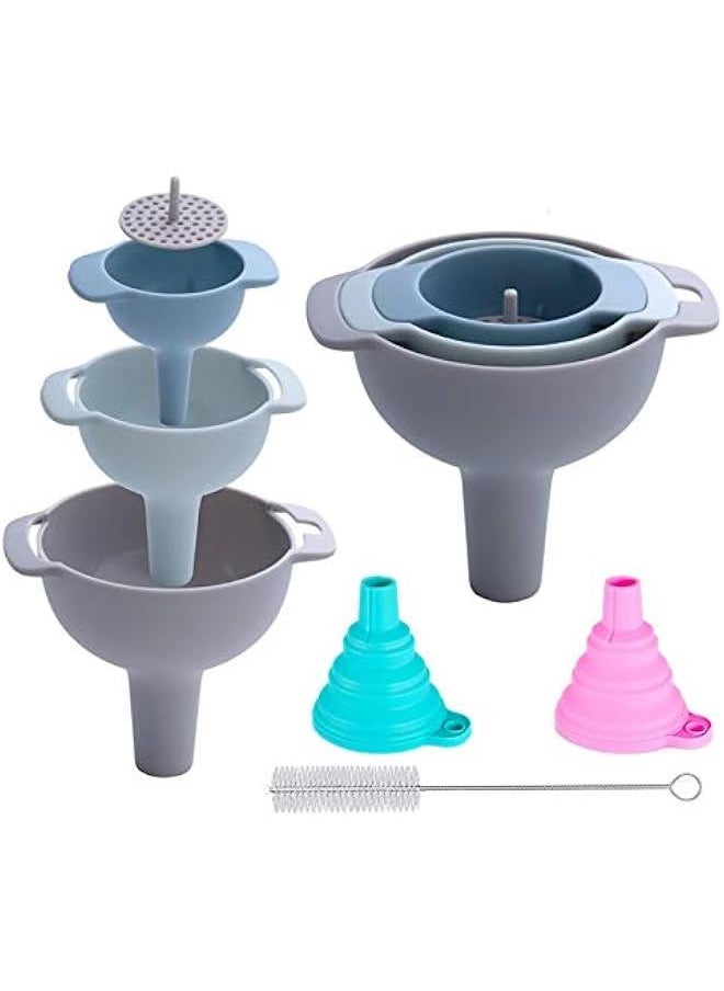 Generic - Kitchen Funnel Set - 3 Pack Nested Funnels with Handle Food Grade Plastic Funnels with Removable Filter and 2 Folding Silicone Funnels and 1 Funnel Brush Used to Transfer Liquid and Powder - Image 1